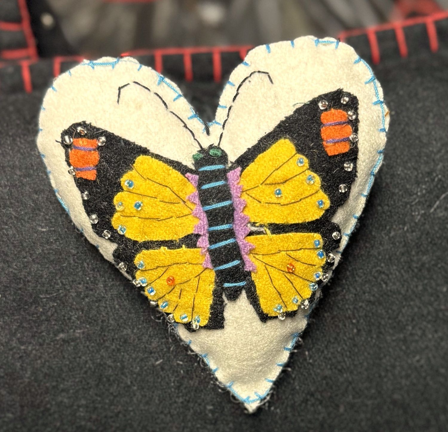 Wool Heart Ornament - Yellow Butterfly Felt Applique