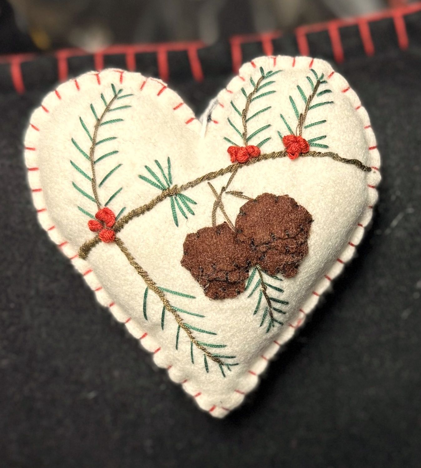 Heart Shaped Ornament- Felt Applique Pinecones