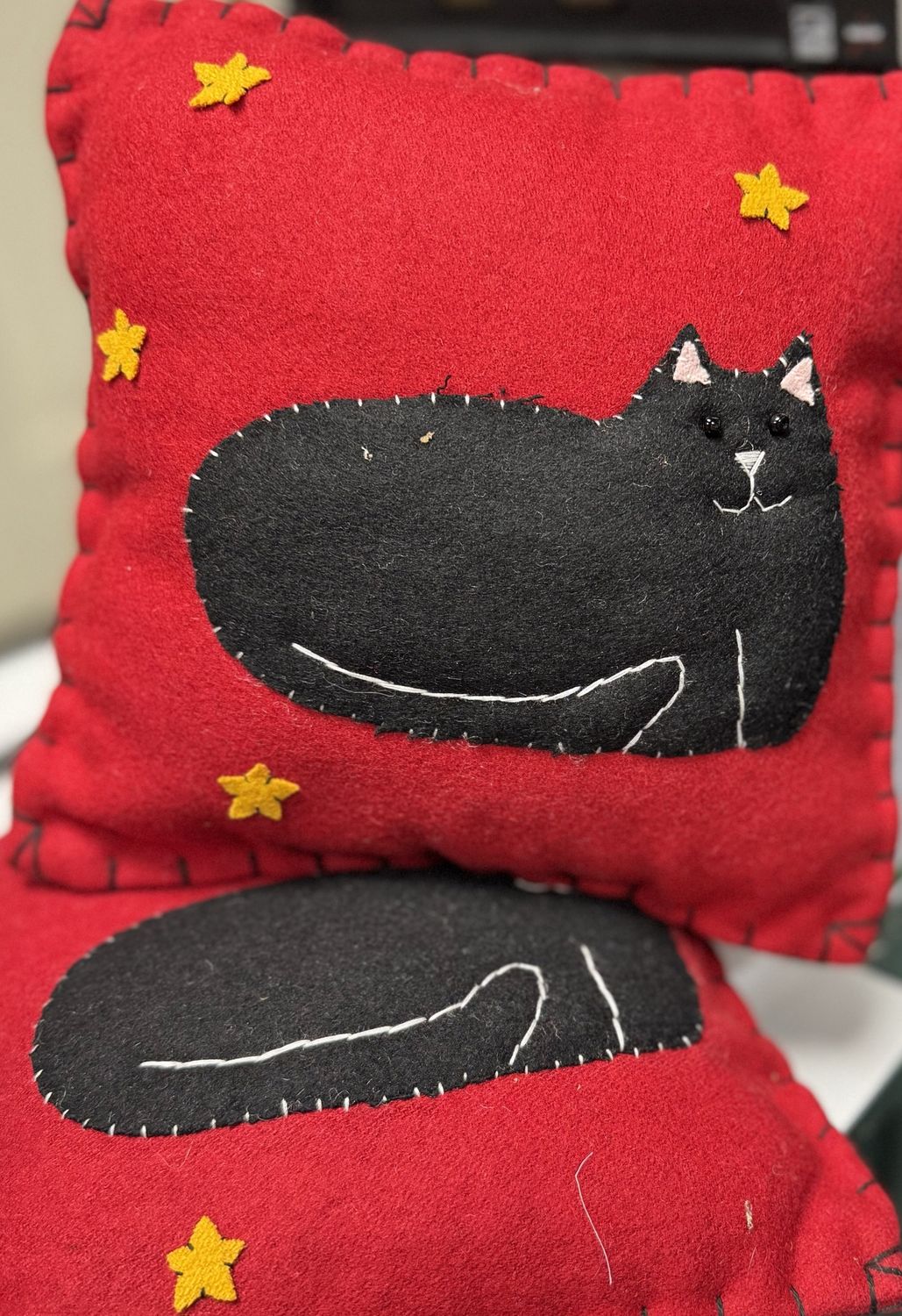 Red Pillow with Black Cat
