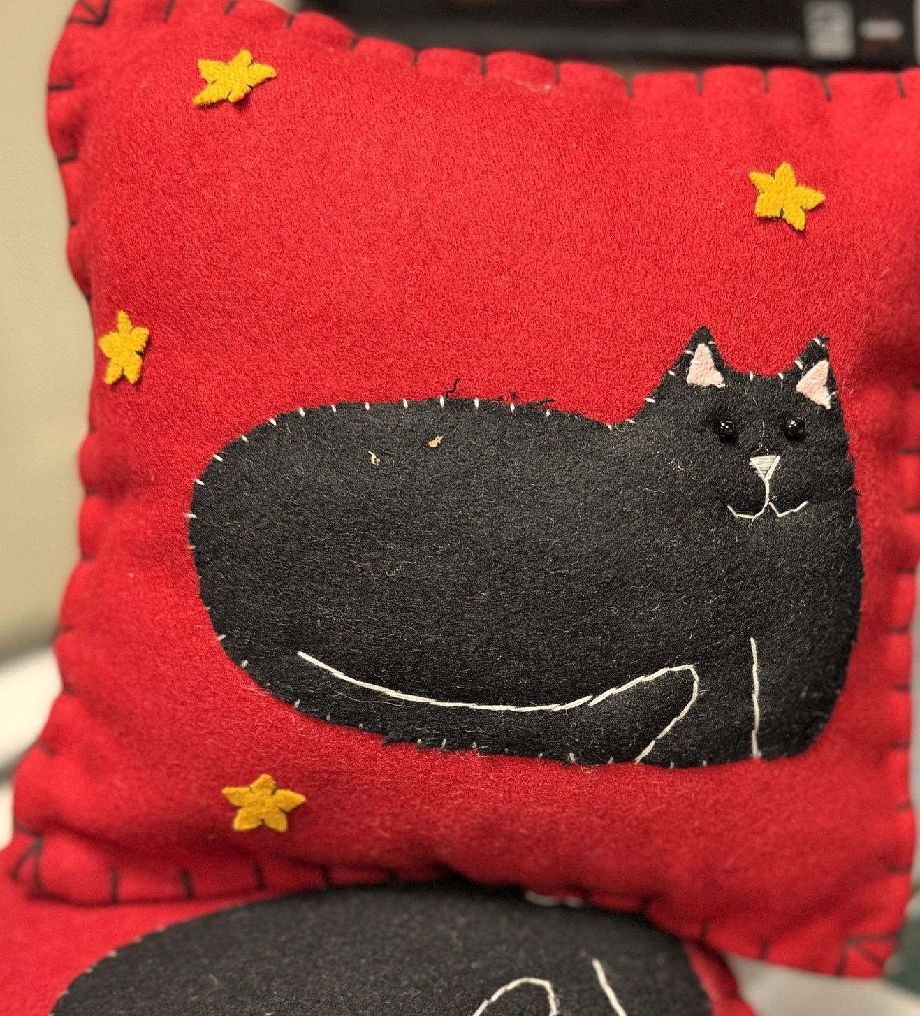 Smug Black Kitty Applique - Handmade Felt Pillow