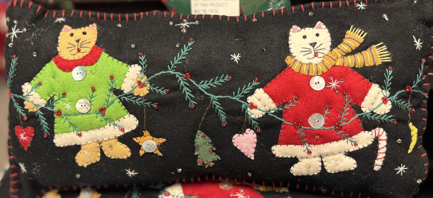 Cat Christmas Pillow - Hand Stitched Wool Felt