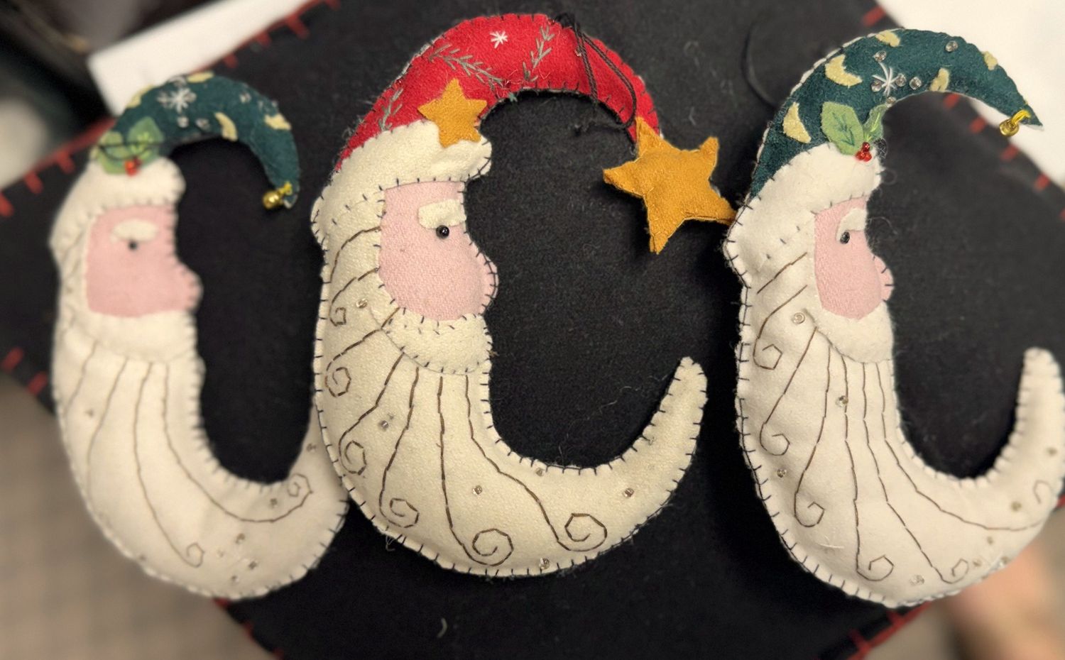 Moon Shaped Santa Ornaments - Wool Felt Applique