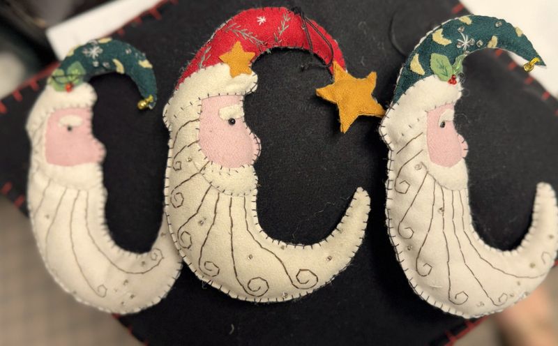 Moon Shaped Santa Ornaments - Wool Felt Applique