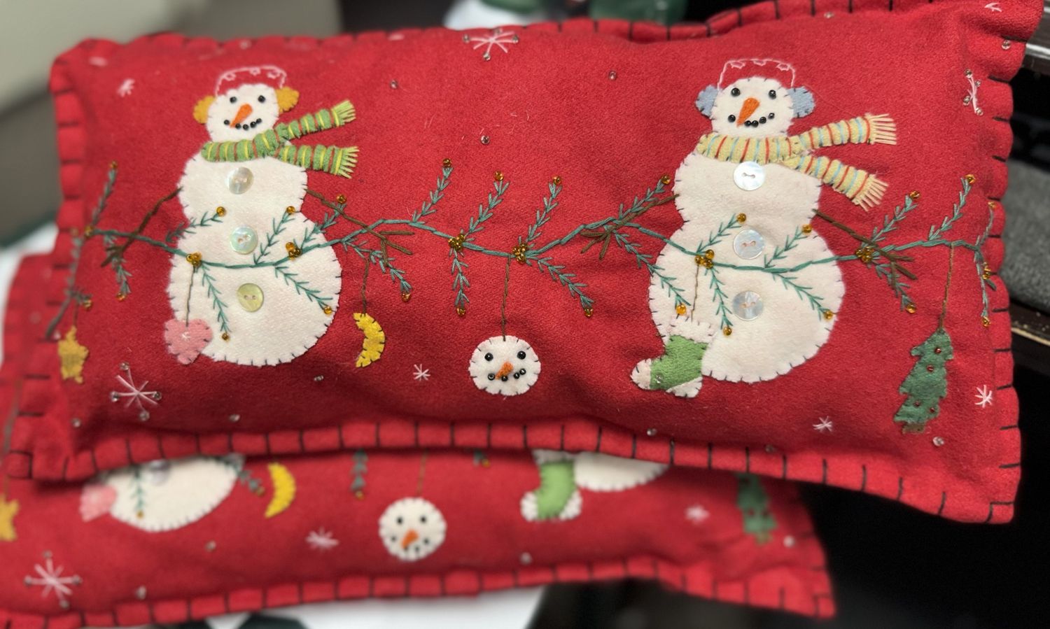 Red Pillow with 2 Snowmen and Garland