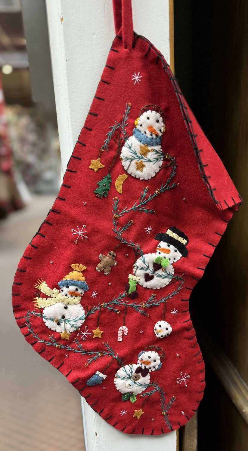 Red Stocking with 3 Snowmen and Holly