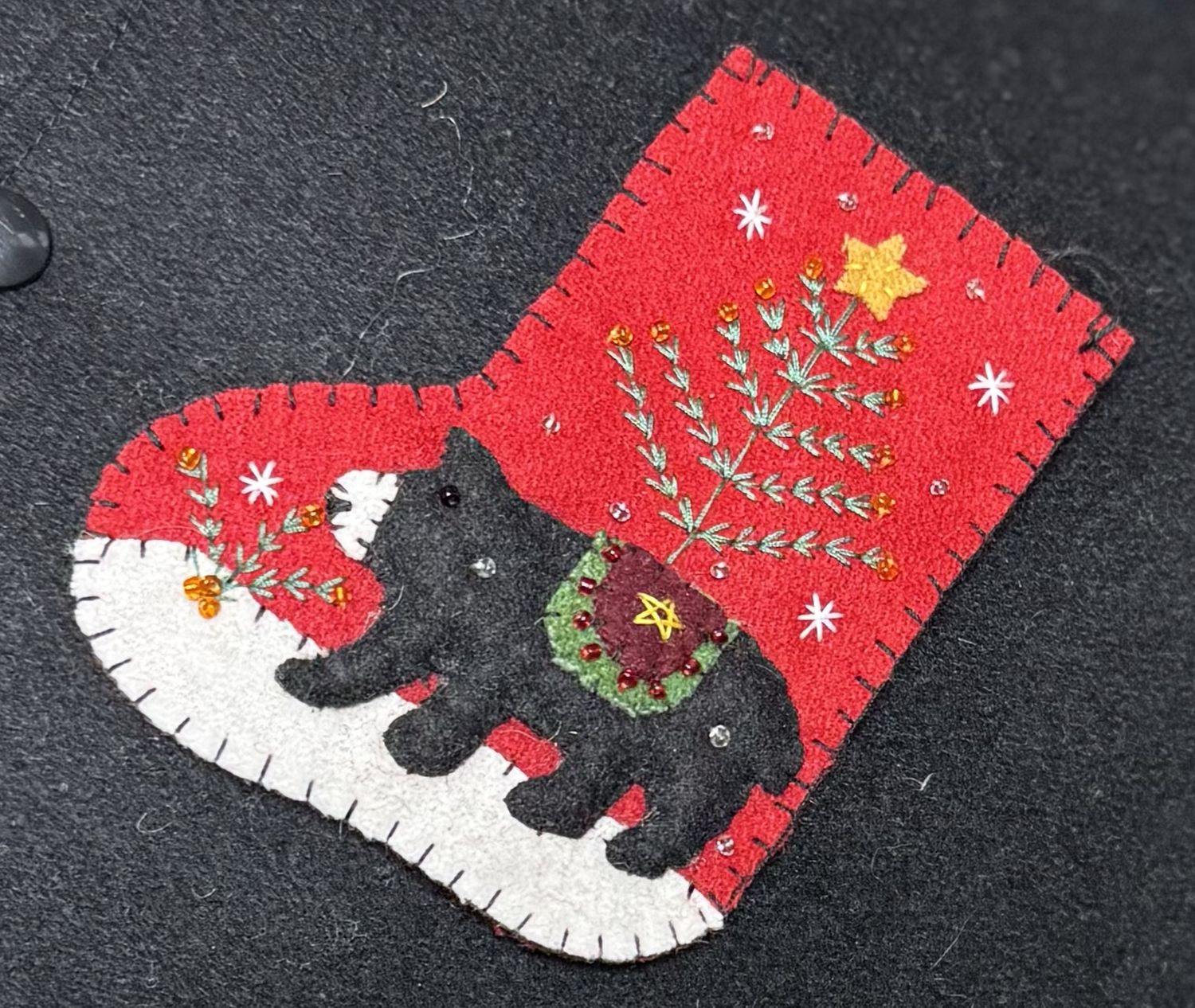 Small Red Stocking with Bear and Christmas Tree