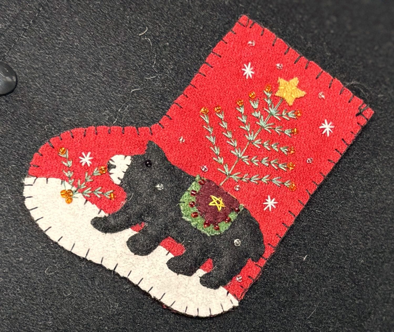 Tiny Felt Stocking - Felt Applique Black Bear