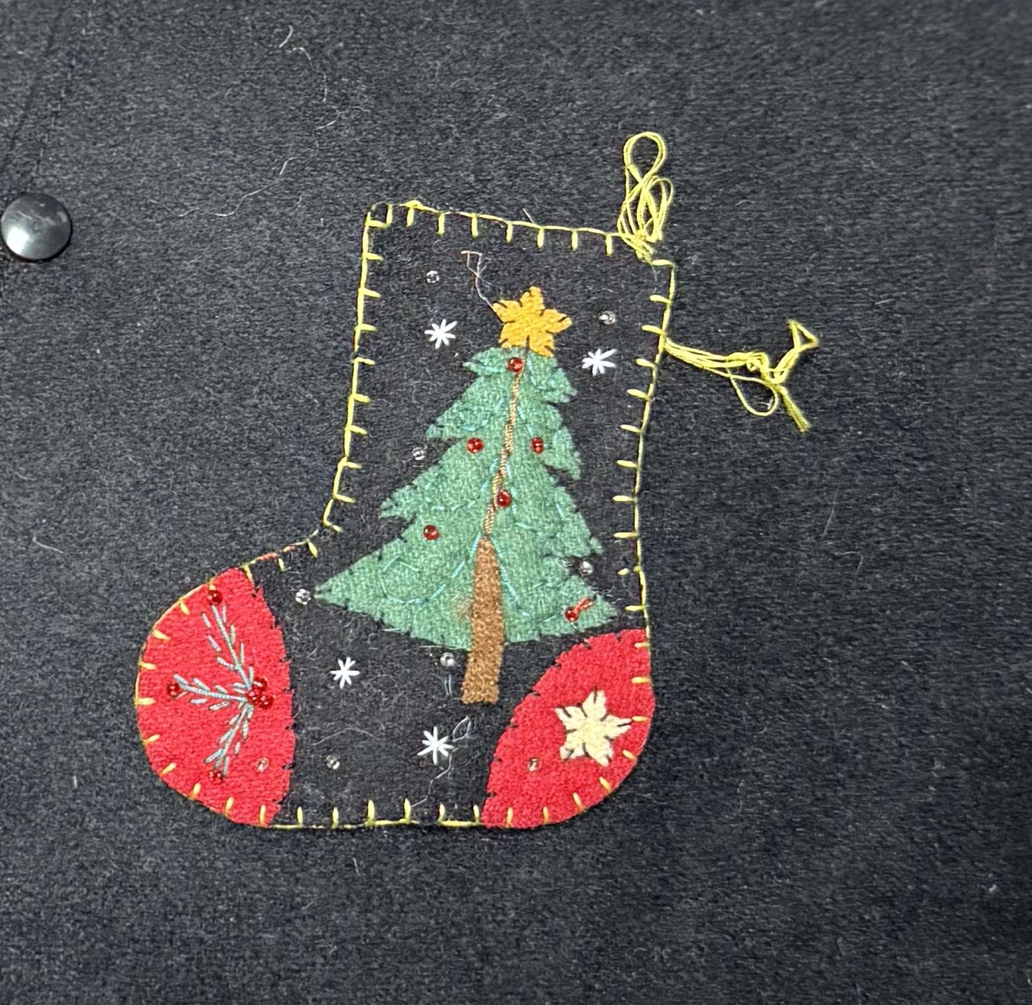 Small Black Stocking with Christmas Tree Ornament