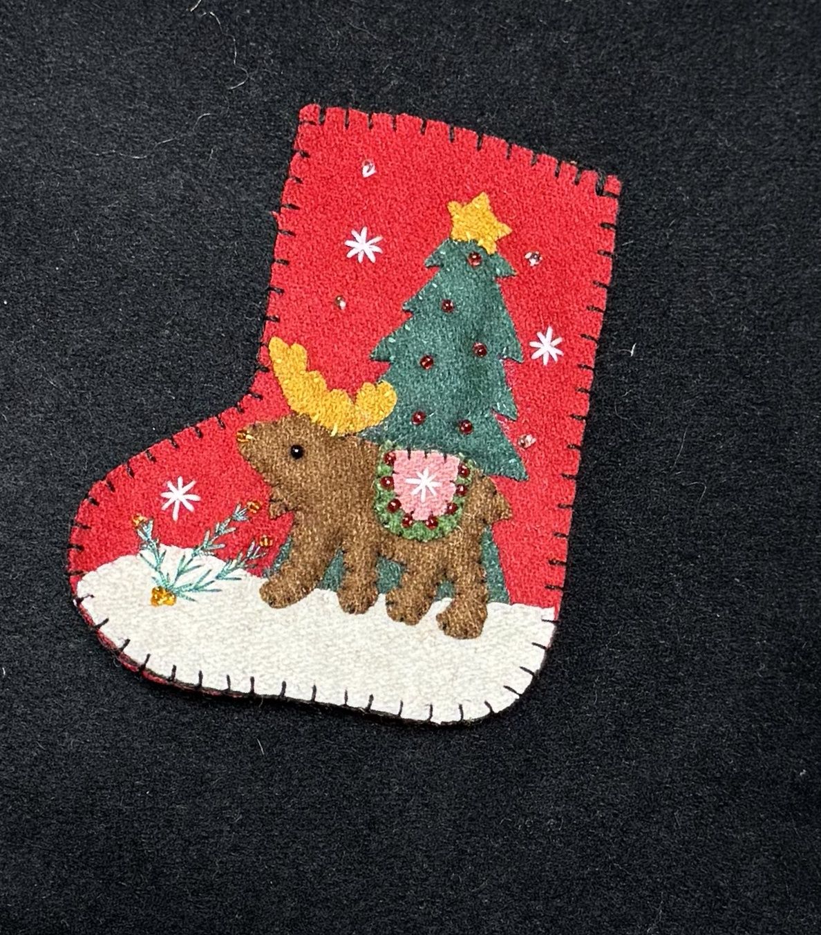 Small Red Stocking with Moose and Christmas Tree Ornament