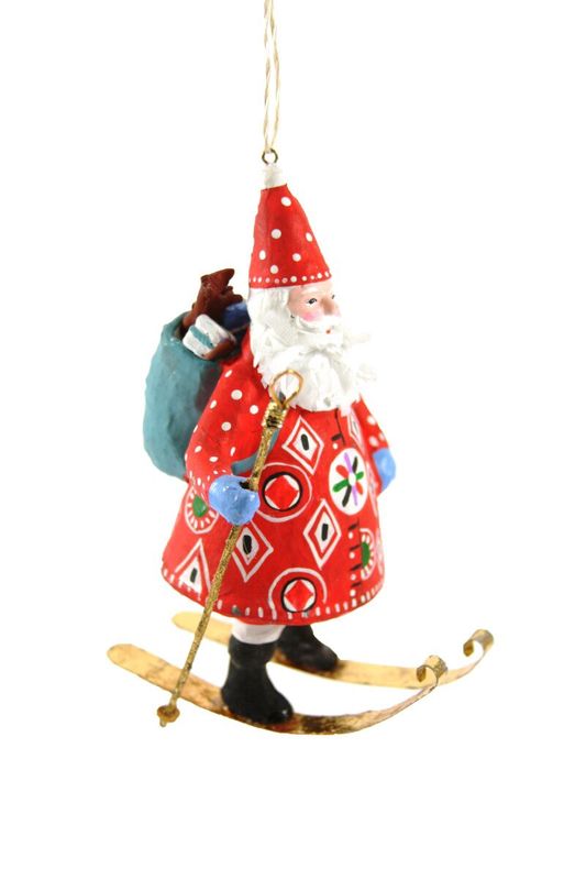 Scandinavian Skiing Santa - Paper Mache Ornament