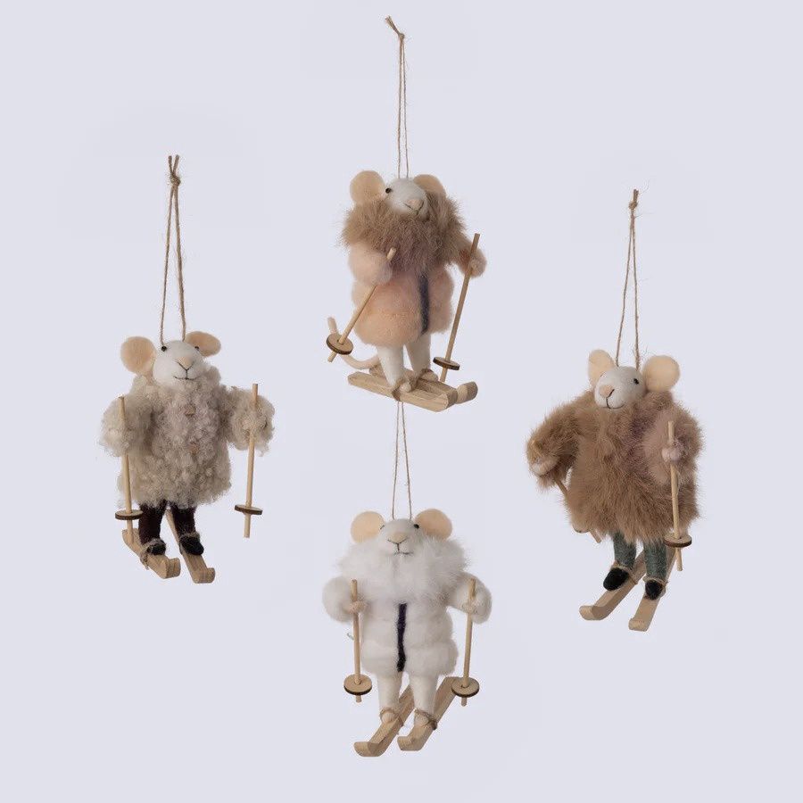 Skiing Mice in Fur Coats - Felt Ornaments