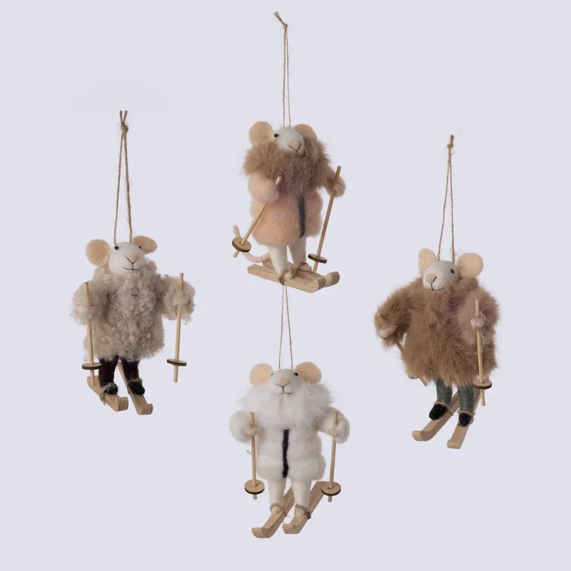 Skiing Mice in Fur Coats - Felt Ornaments