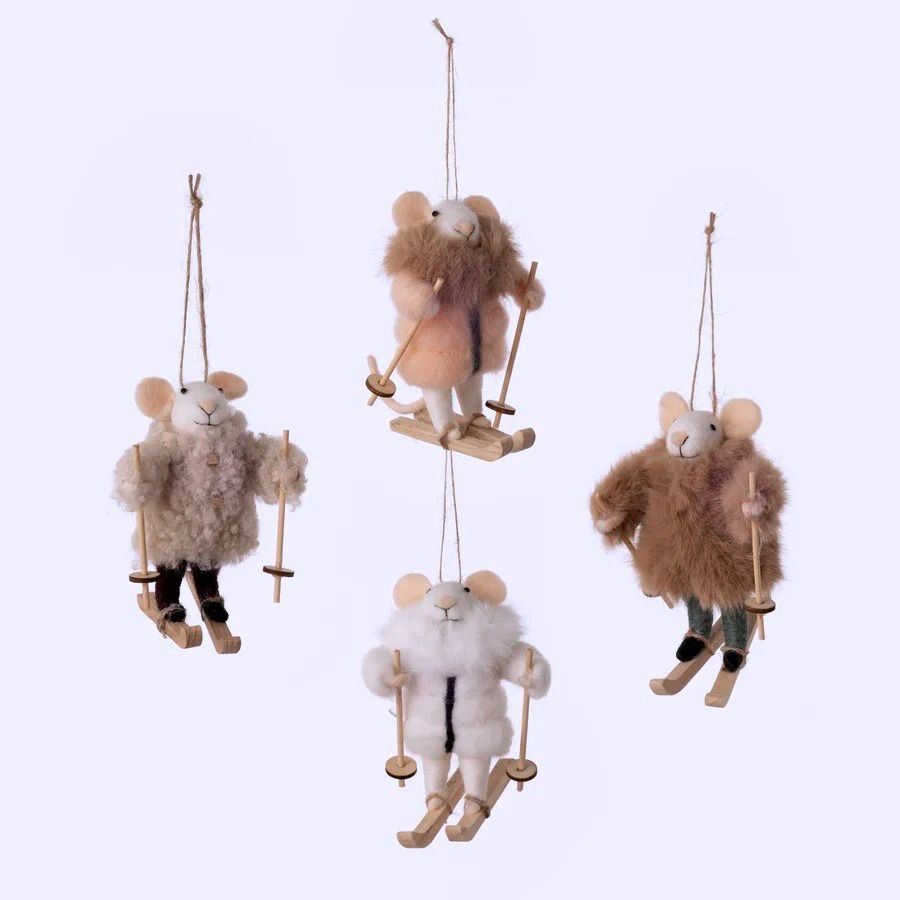 Skiing Mice in Fur Coats - Felt Ornaments