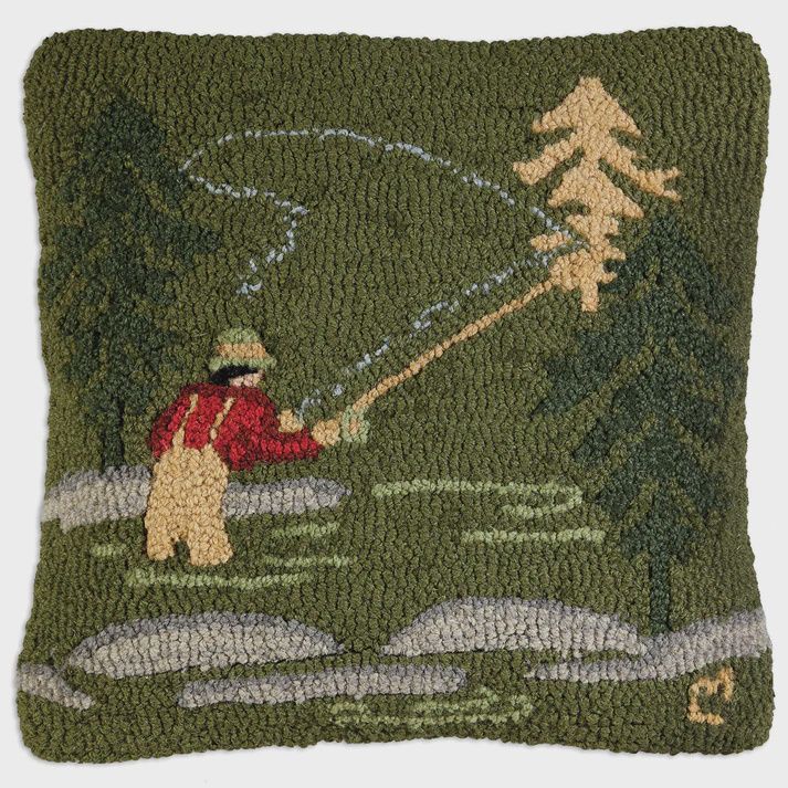 Fly Fisherman - Wool Hooked Square Pillow
