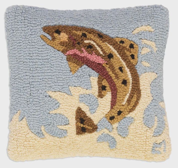Leaping Brown Trout - Wool Hooked Pillow