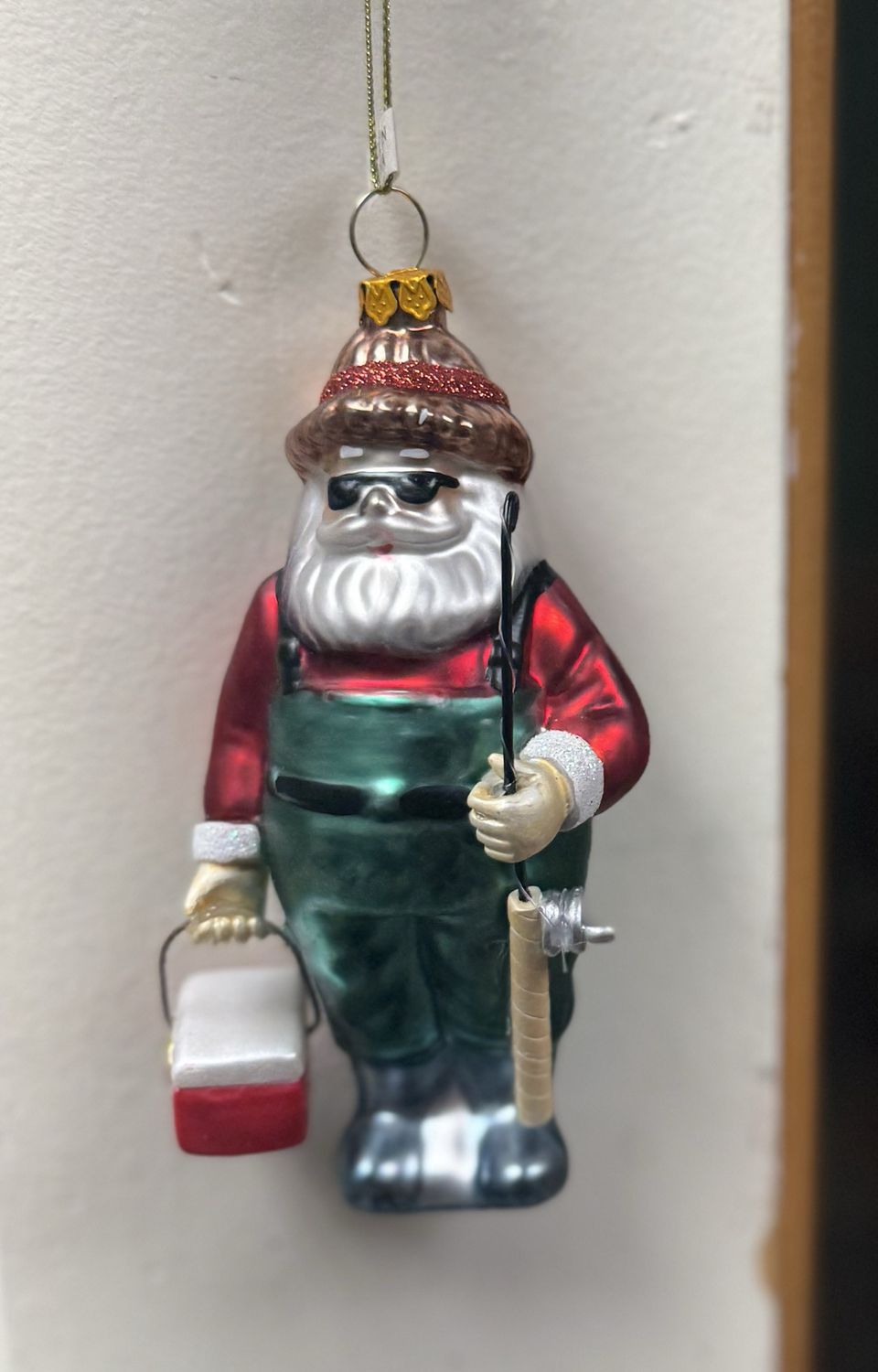 Glass Fishing Santa Ornament