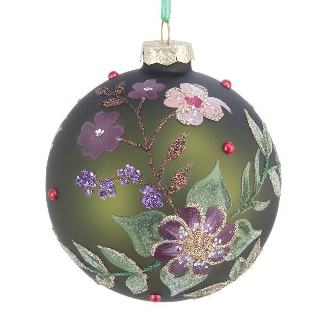Glass Green Floral Ball Ornament