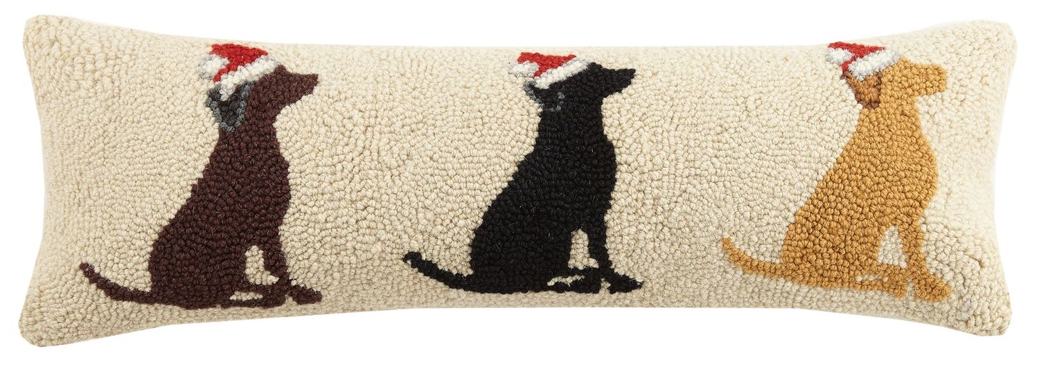 Three Labs in Santa Hats Hooked Pillow
