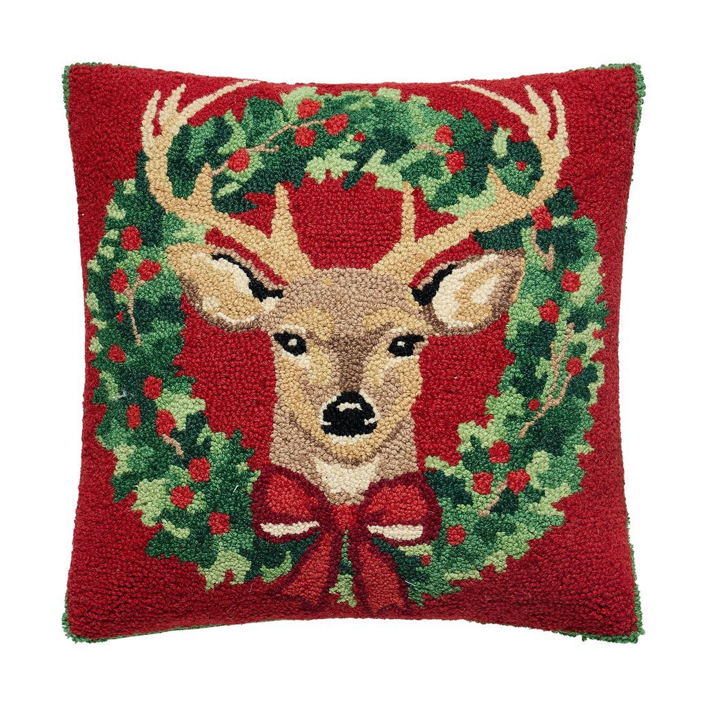 Reindeer In a Wreath Hooked Pillow