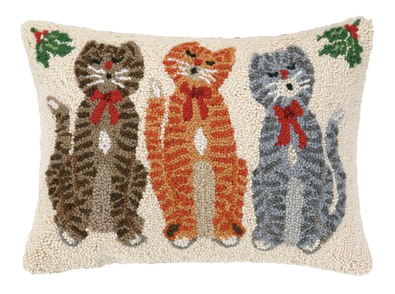 Wool Hooked Pillow - Caroling Cat