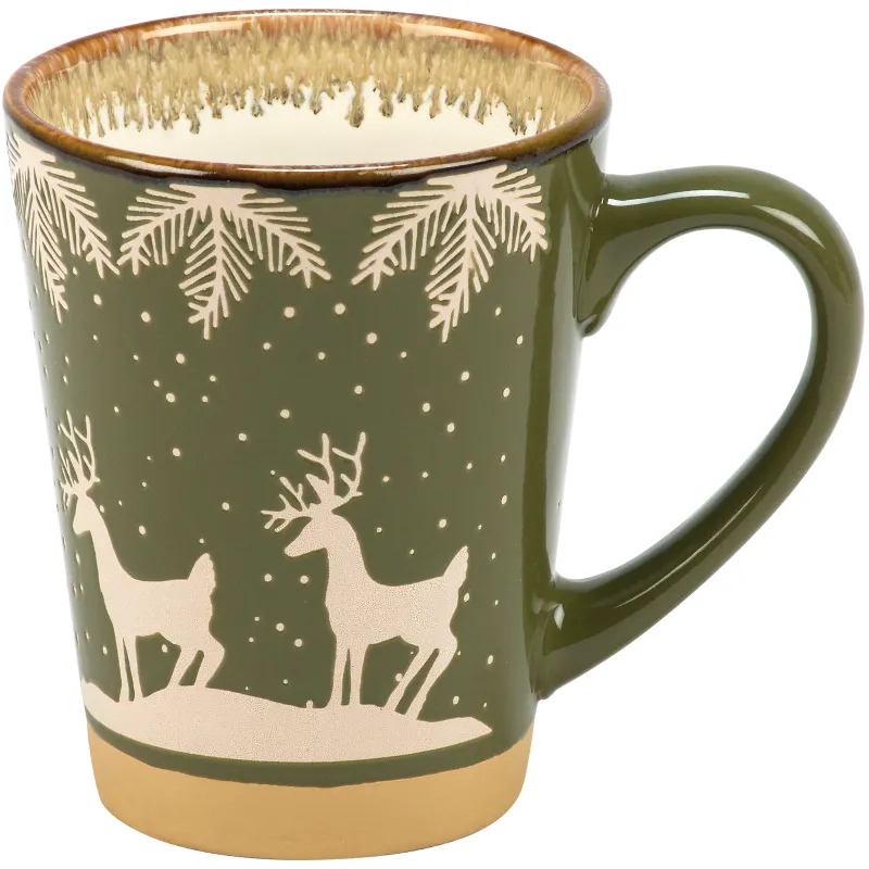 Stoneware Green Mug with White Deer