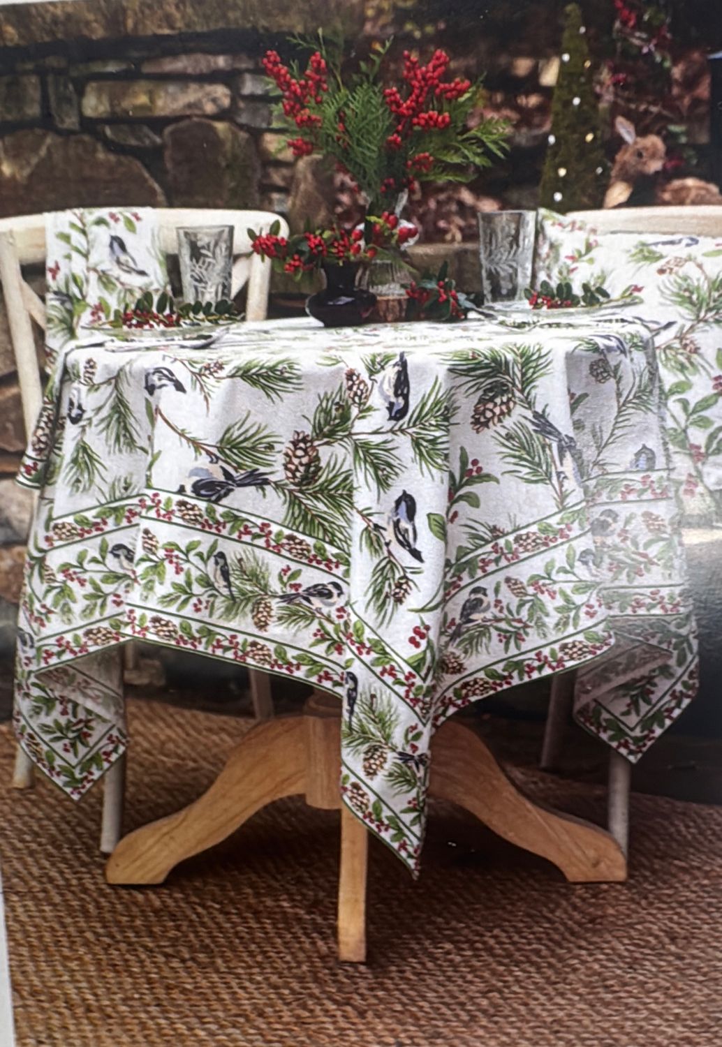 Ivory Chickadee Square Table Cloth