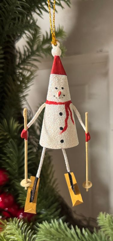 Tin Skiing Snowman Ornament