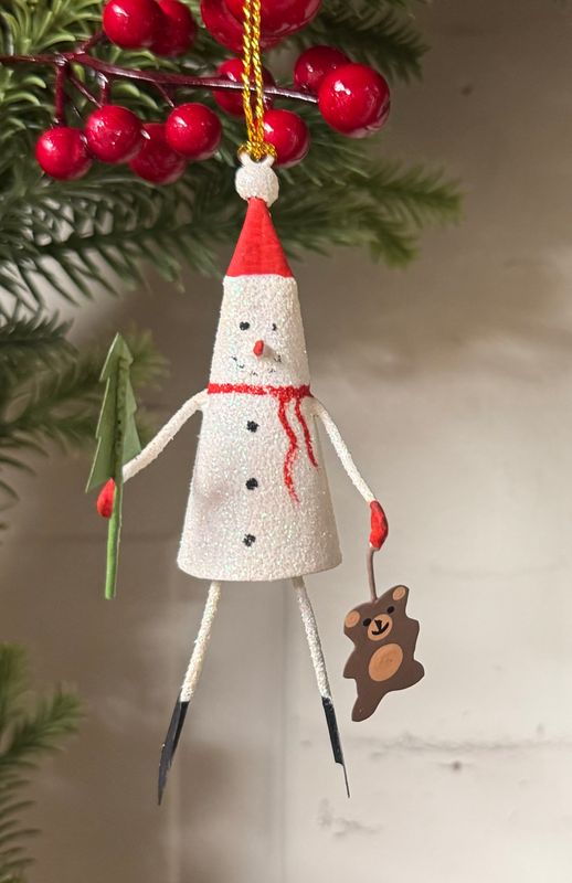 Tin Snowman w/ Tree and Teddy Bear Ornament