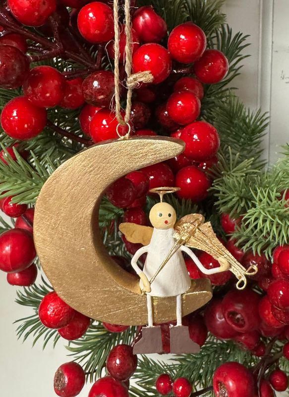 Paper Mache/Tin Angel on Moon Ornament