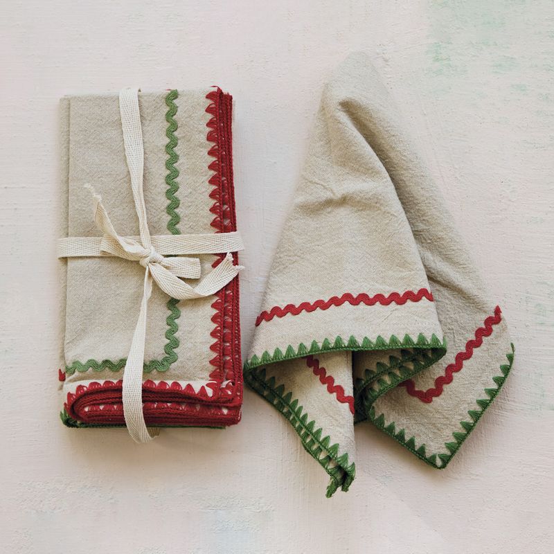 Woven Cotton Napkins with Stitched Edge &amp; Ric Rac Trim
