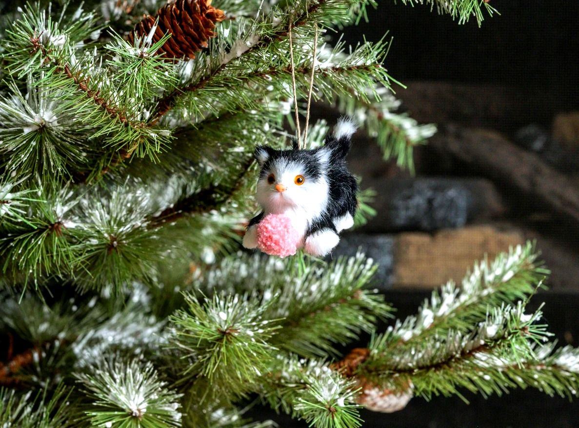 Playful Black and White Kitten - Fluffy Ornament