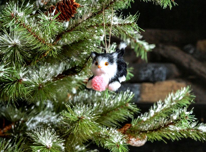 Playful Black and White Kitten - Fluffy Ornament