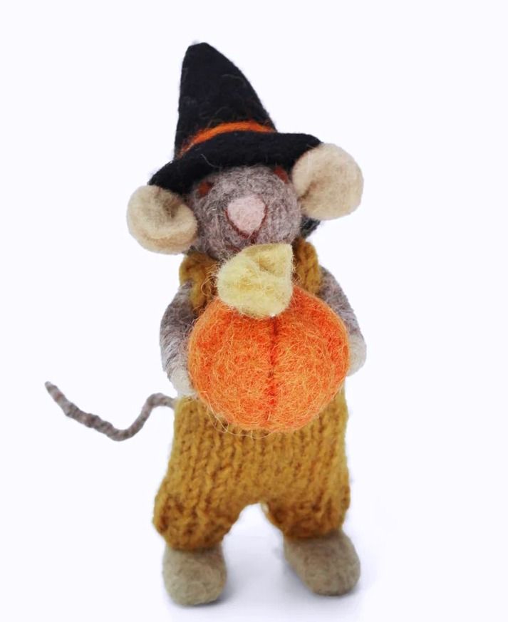 Felt Mouse holding Pumpkin  -  Wool Ornament