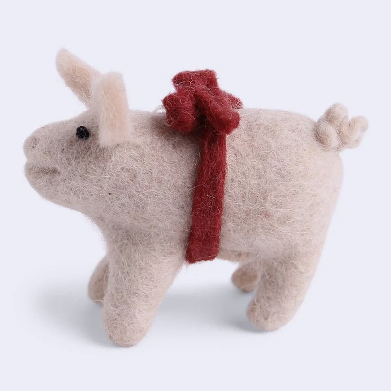 Pig /Red Bow - Felt Handmade Ornament
