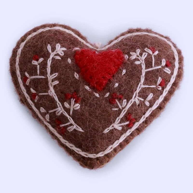 Embroidered Gingerbread - Tiny Felt Heart Ornament
