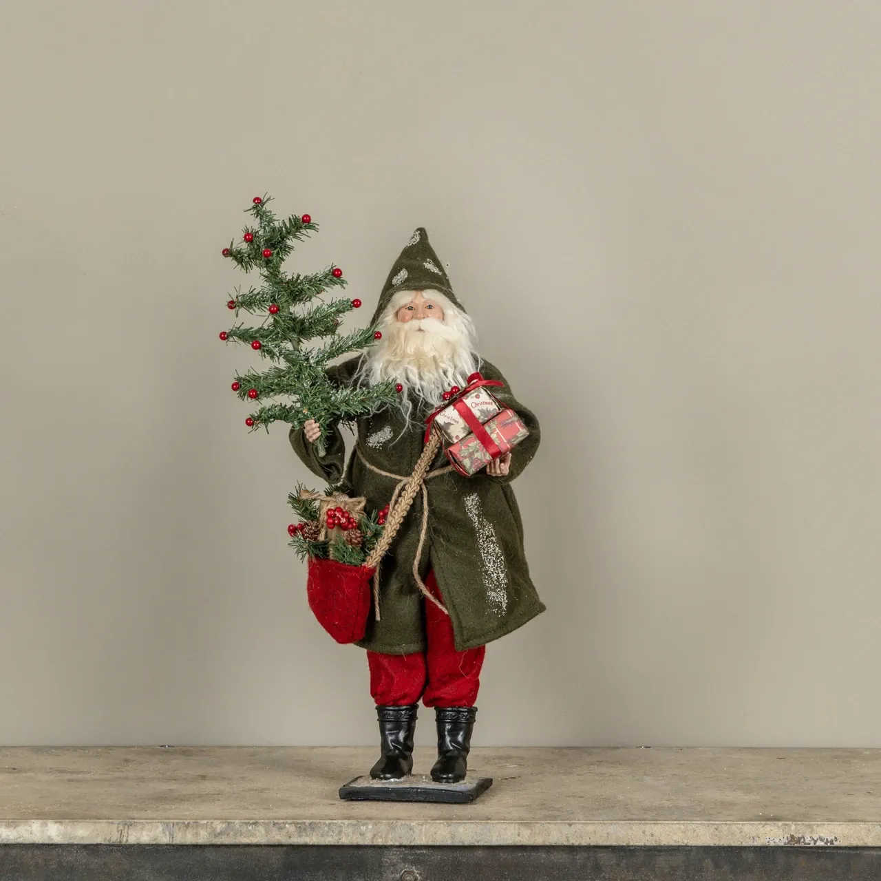 Santa in Forest Green Coat with Gifts and Tree