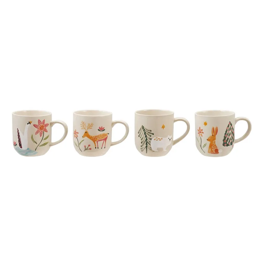 Hand-Painted Stoneware Mug w/ Animal &amp; Seasonal Botanicals