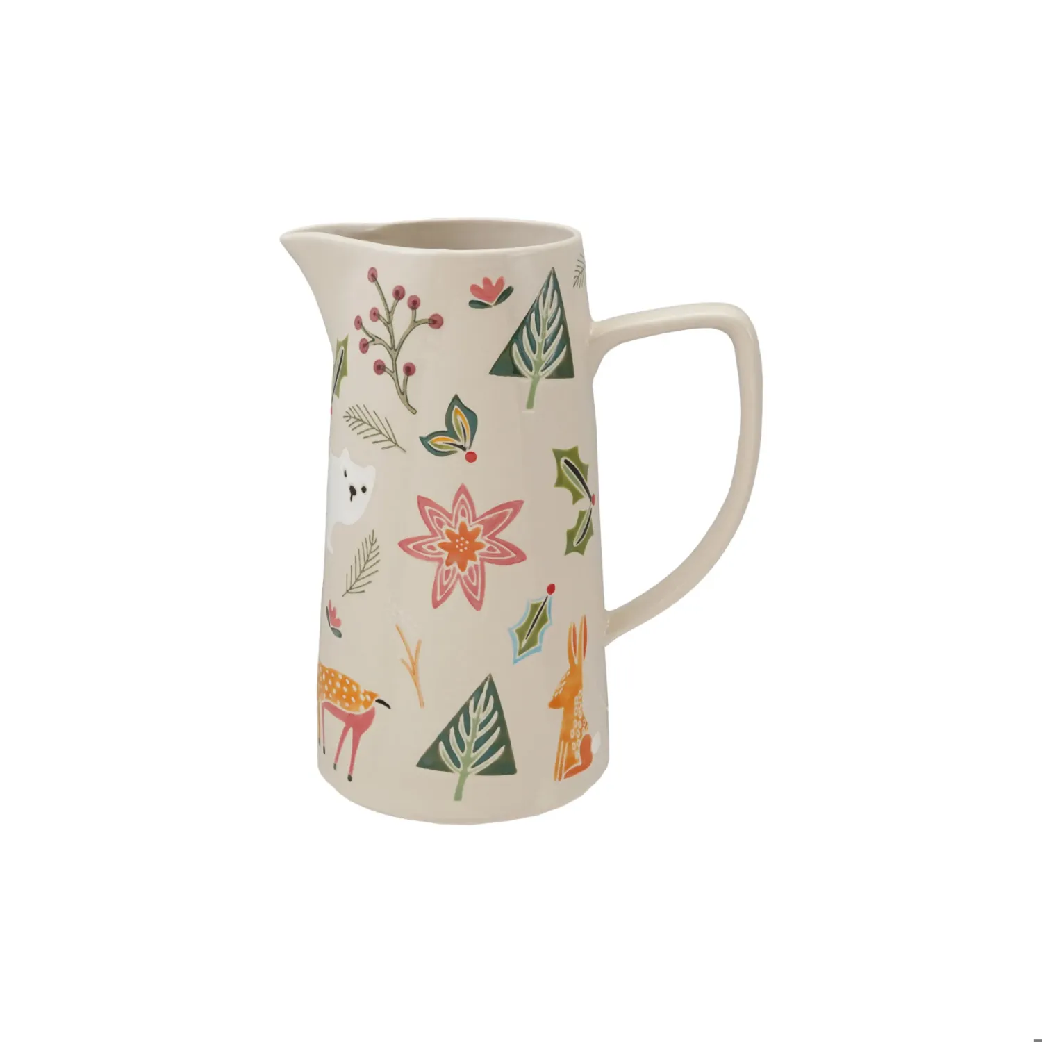Hand-Painted Stoneware Pitcher w/ Animals &amp; Seasonal Botanicals