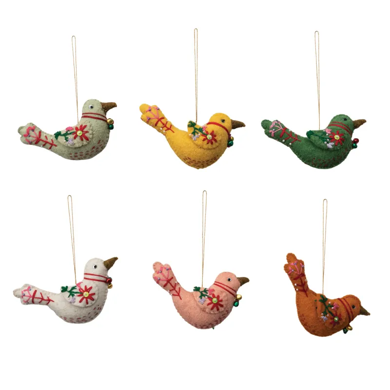 Handmade Wool Felt Bird Ornament w/ Embroidery