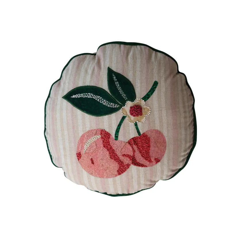 Striped Cherry Round Cotton Pillow