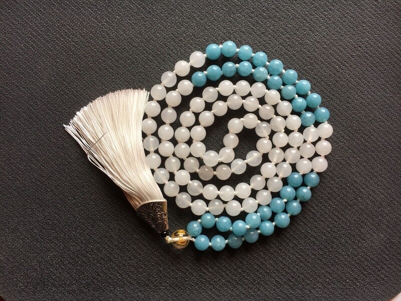 Aquamarine + Milky Quartz Mala