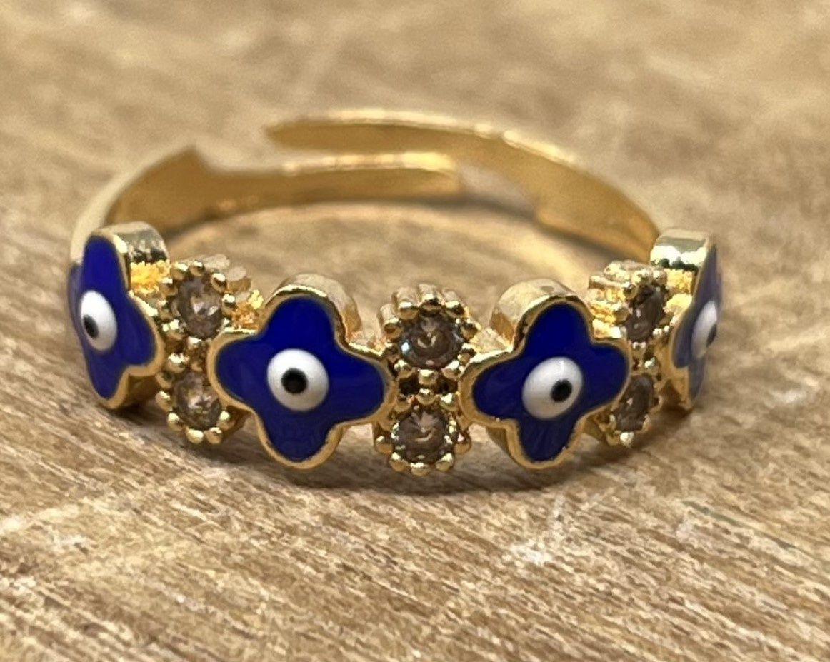 Floral Rhinestone Evil Eye Ring