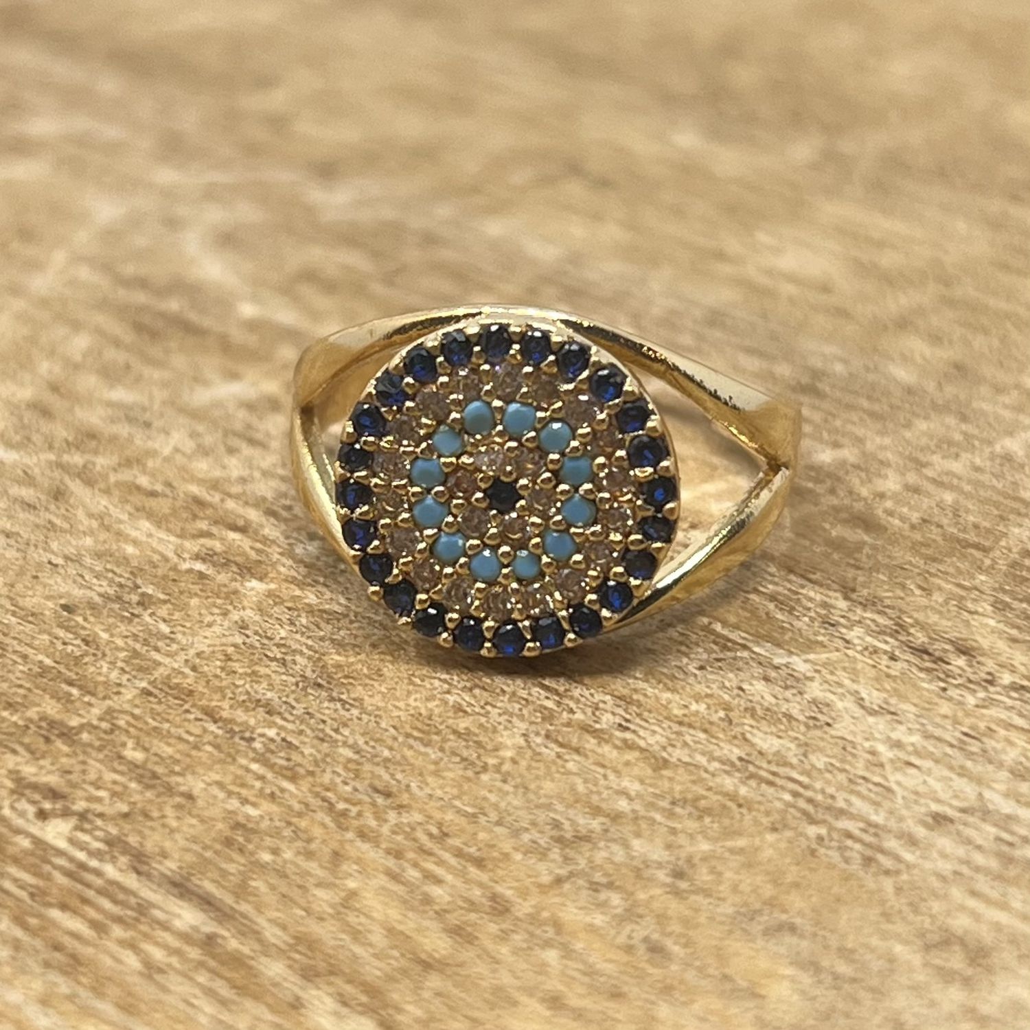Rhinestone Blue + Gold Large Eye Ring