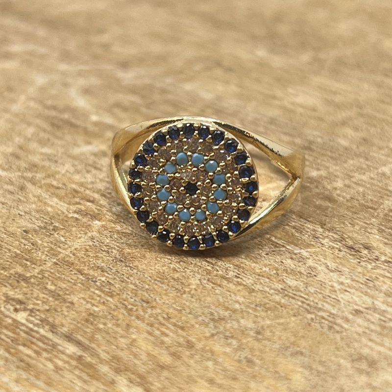 Rhinestone Blue + Gold Large Eye Ring