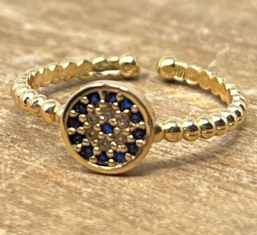 Dainty Round Blue + Gold Braided Evil Eye Ring