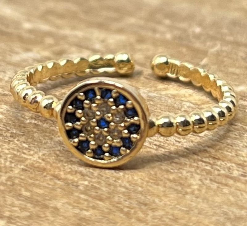 Dainty Round Blue + Gold Braided Evil Eye Ring