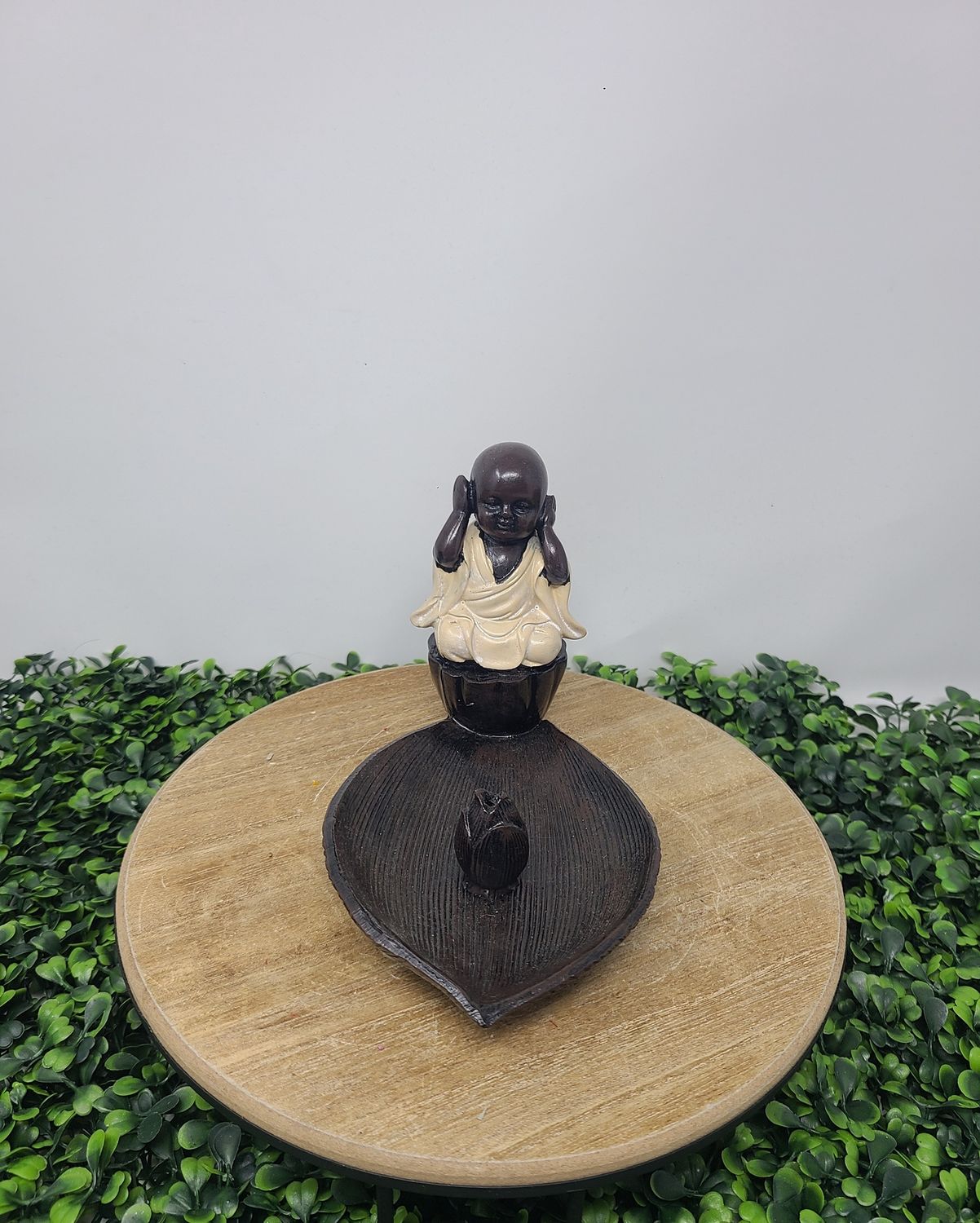 Baby Monk on Leaf Incense Holder, Colour: Black