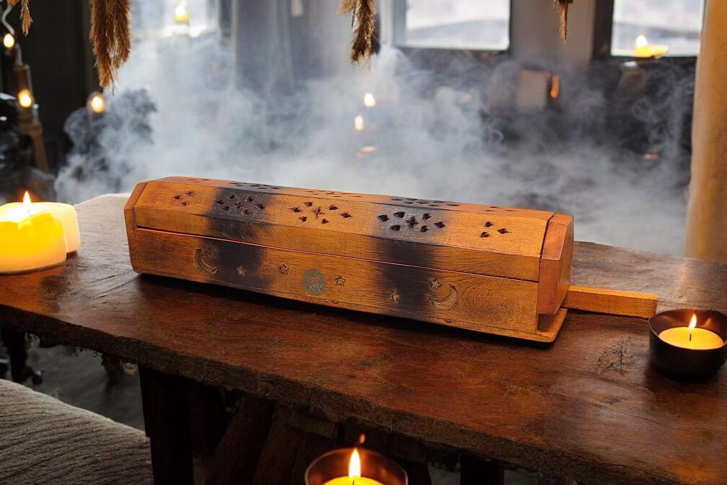 Wooden Incense Box Sun &amp; Moon