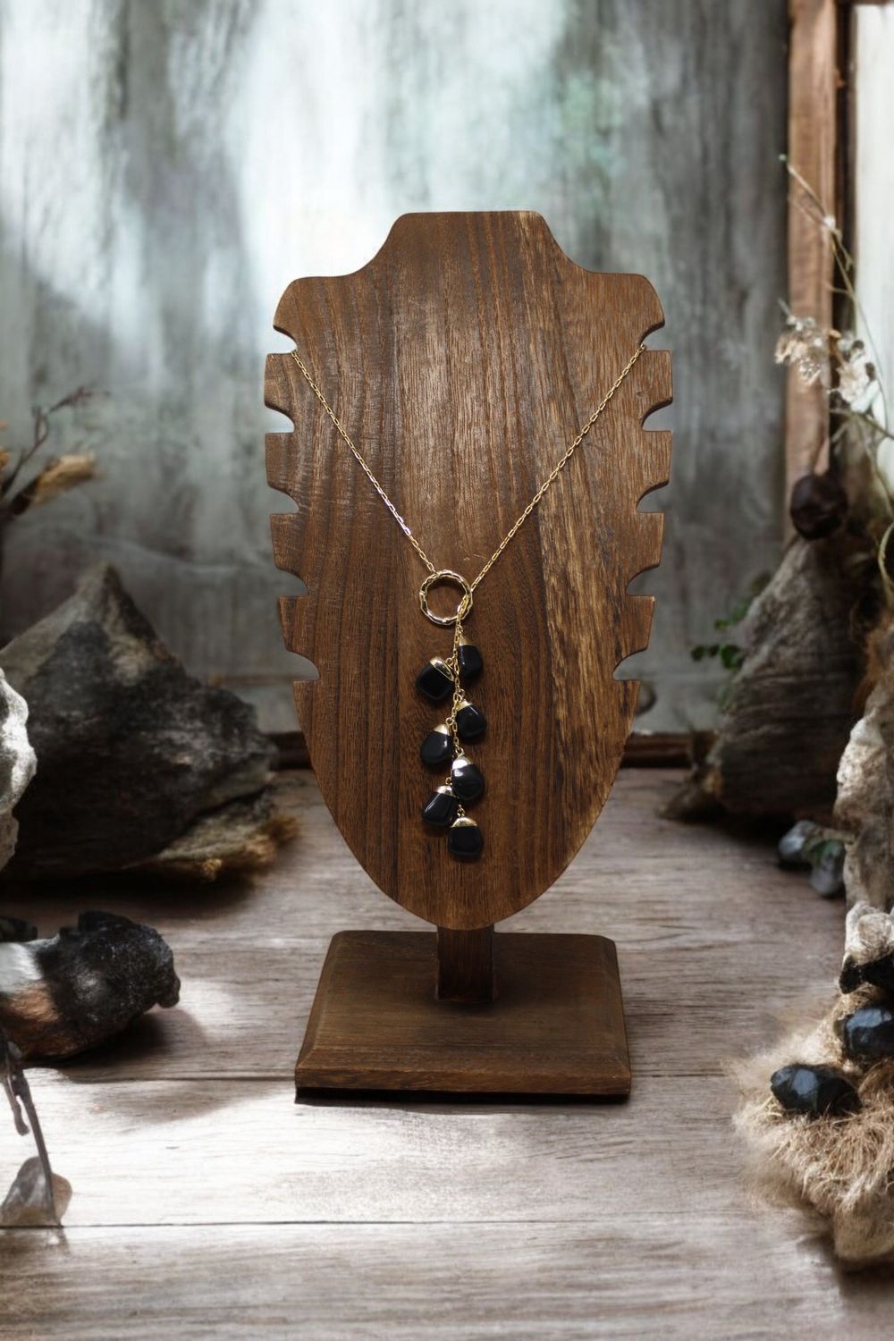 2 Tassle Tumbled Necklace MC, Crystal: Black Obsidian