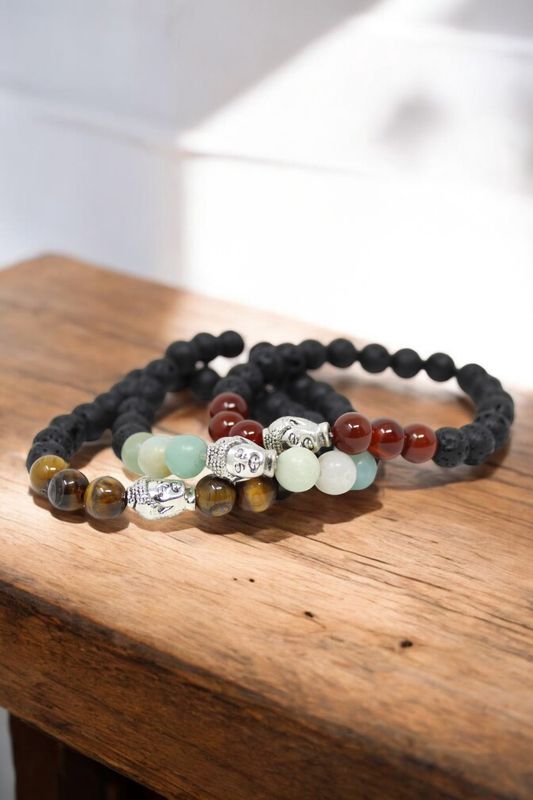 8mm Bracelet Lava &amp; Crystal + Buddha Head Charm